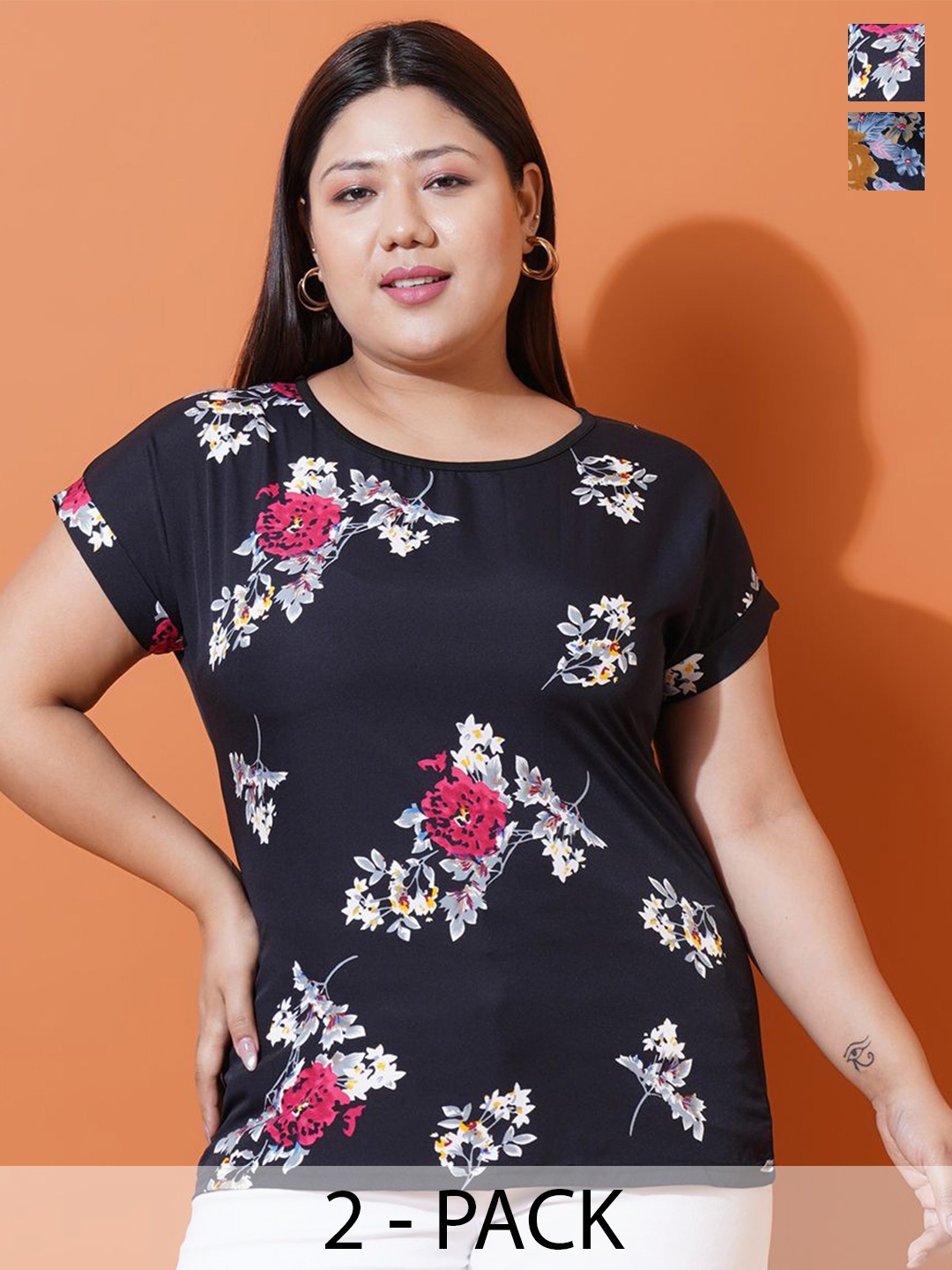 

U&F Beyond Women Pack Of 2 Floral Printed Slim Fit T-shirt, Black