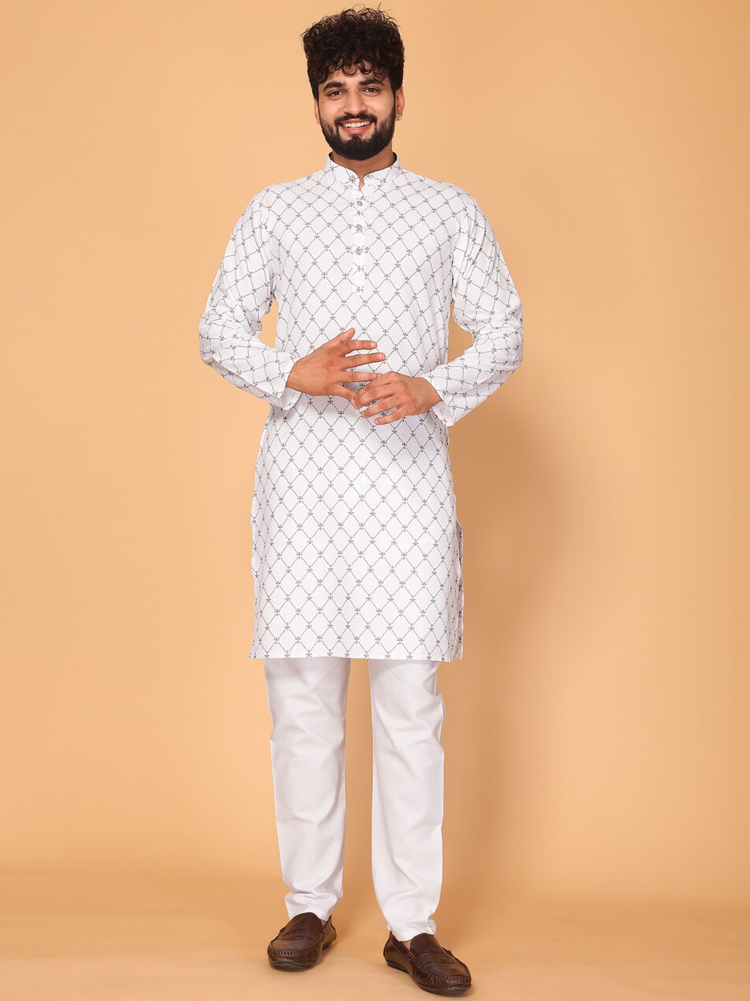 

Fashion FRICKS Geometric Printed Mandarin Collar Kurta, White