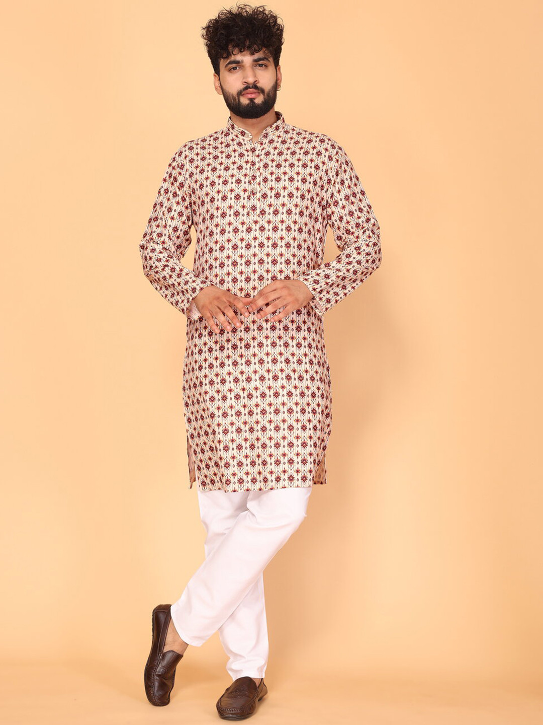 

Fashion FRICKS Geometric Woven Design Mandarin Collar Thread Work Pathani Kurta, Beige
