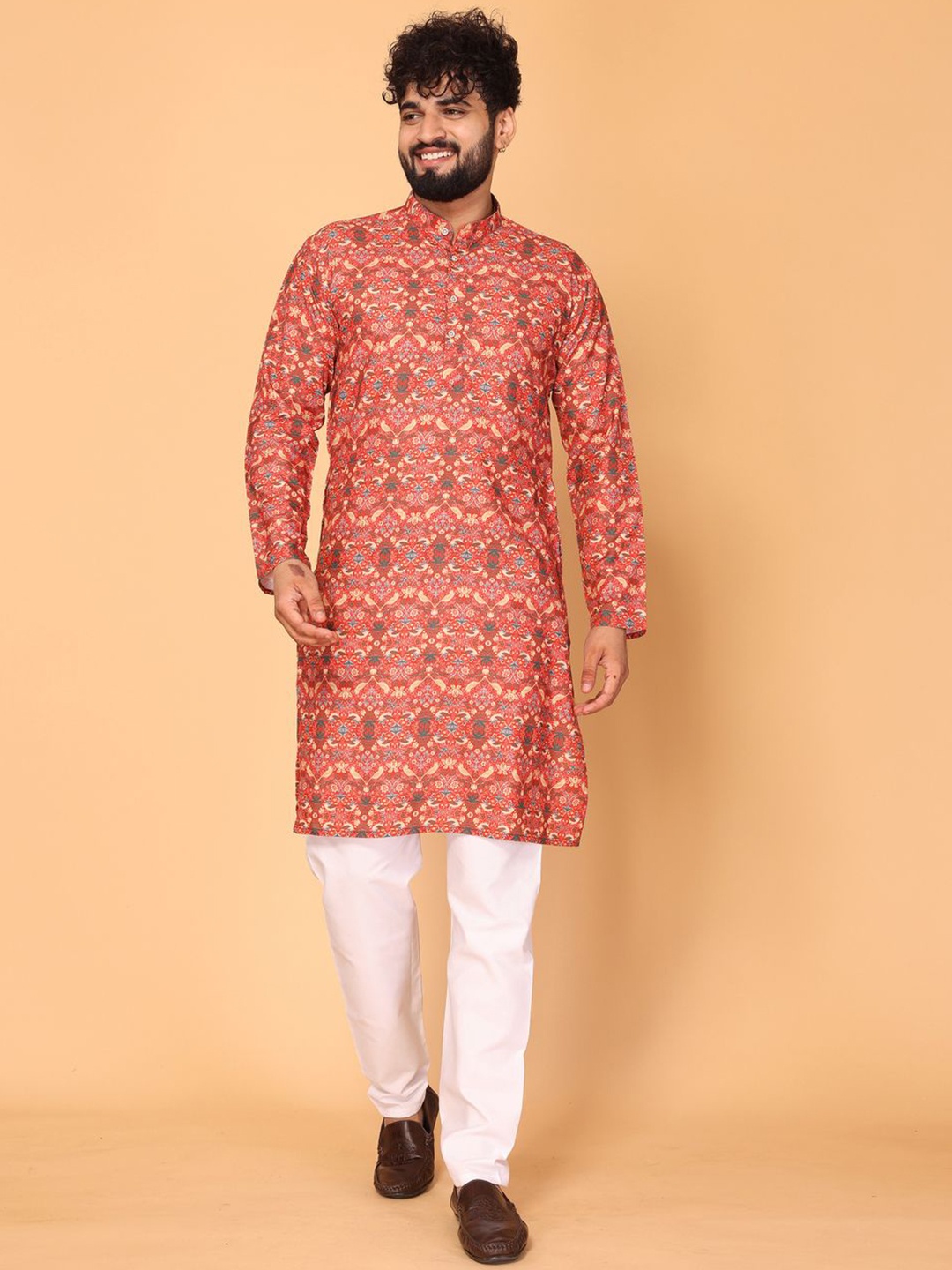 

Fashion FRICKS Geometric Printed Mandarin Collar Kurta, Orange