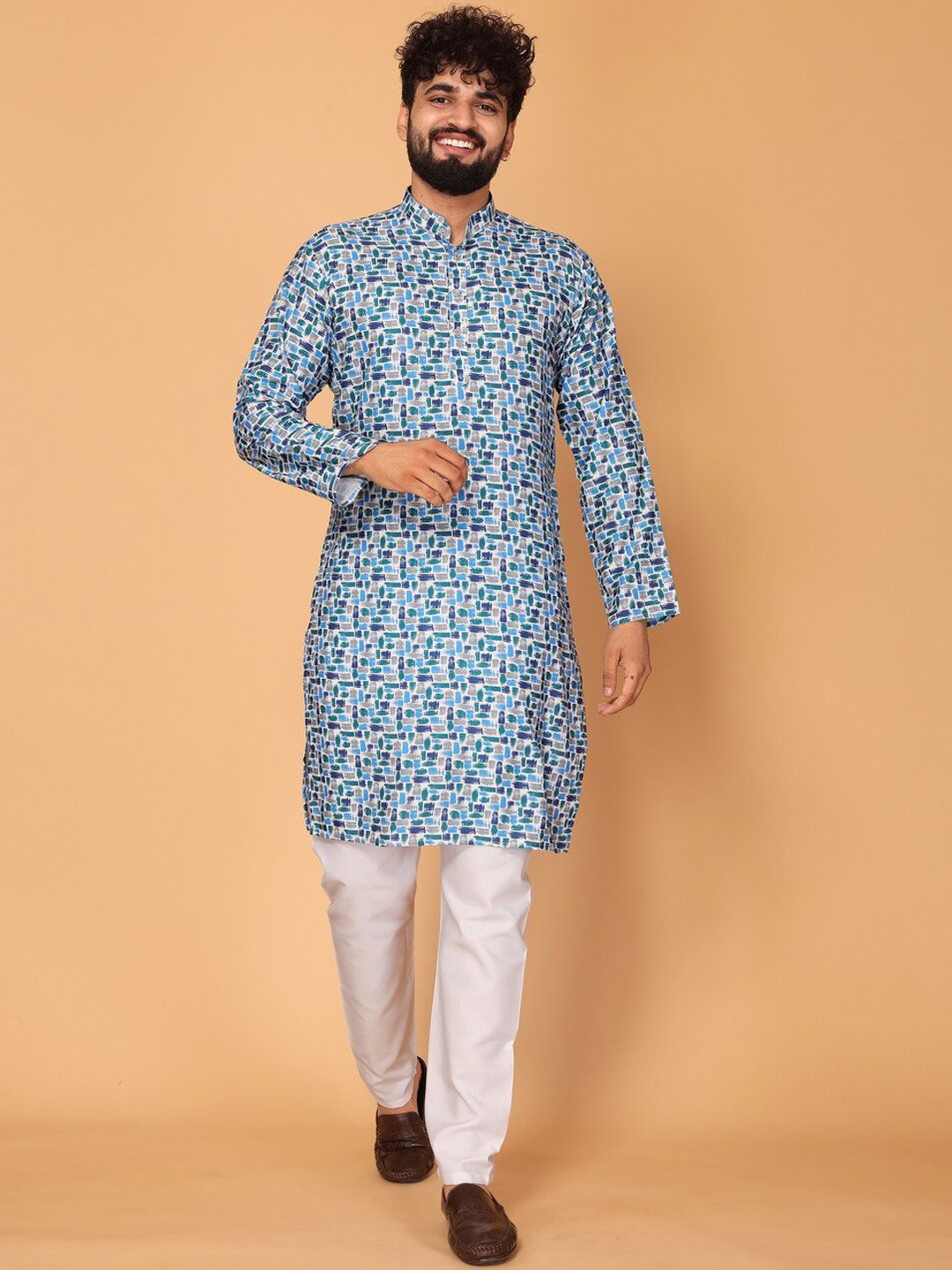 

Fashion FRICKS Geometric Printed Mandarin Collar Kurta, Blue