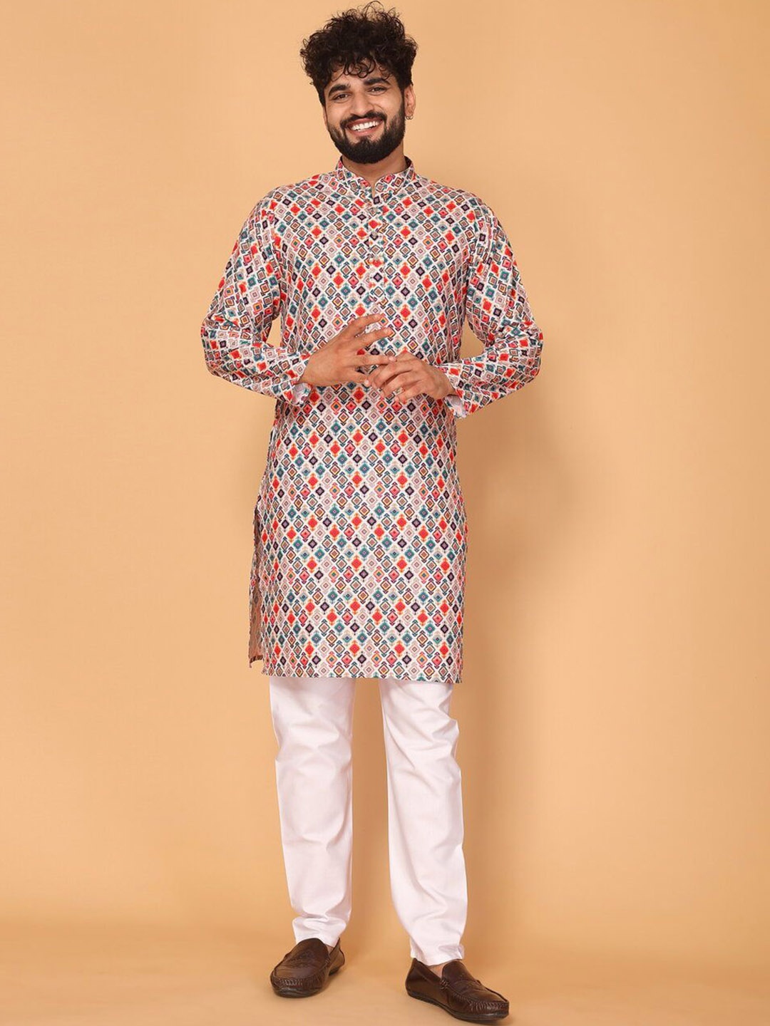 

Fashion FRICKS Geometric Printed Mandarin Collar Kurta, White