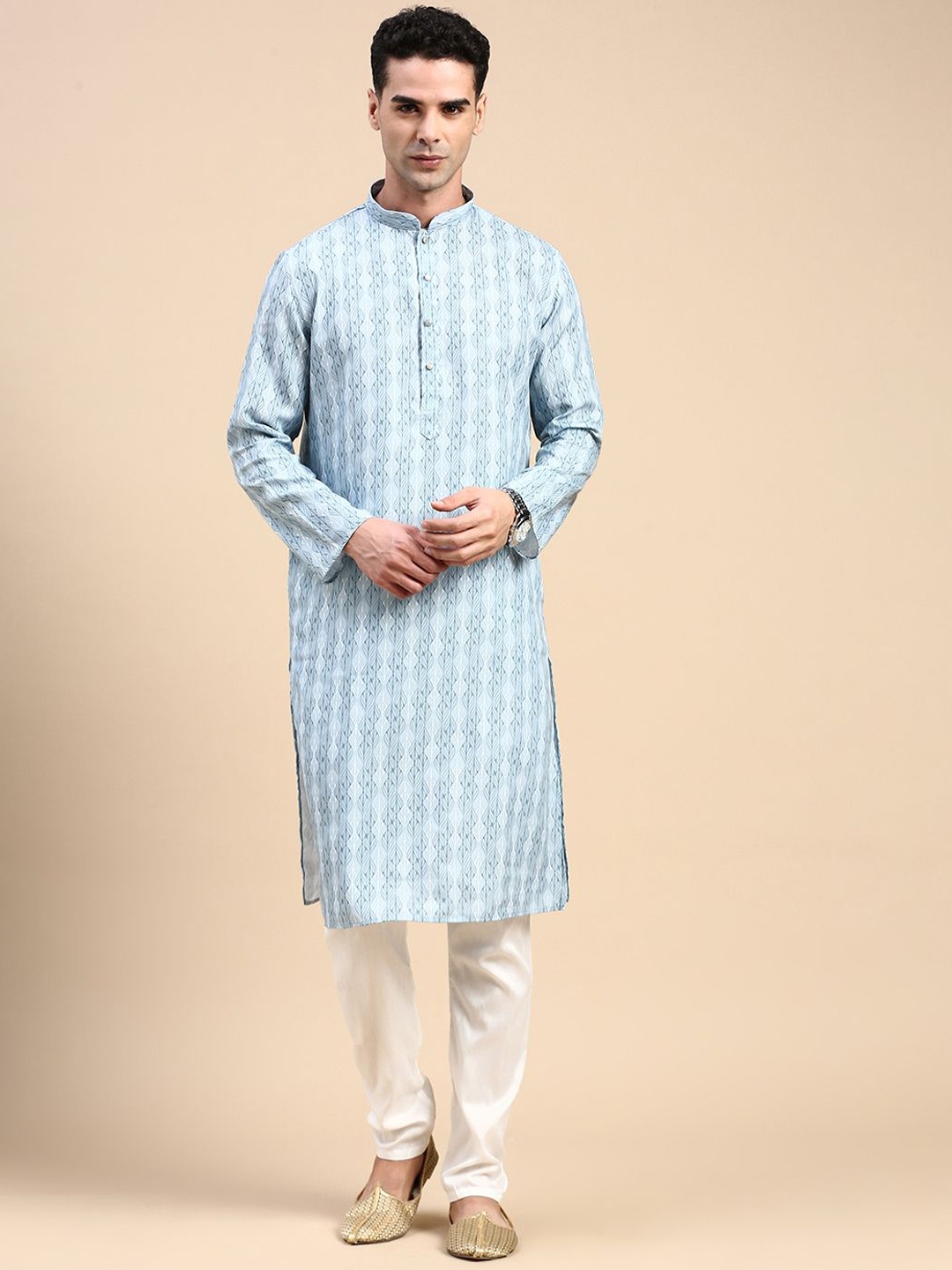 

Rishika Printed Mandarin Collar Art Silk Straight Kurta, Blue