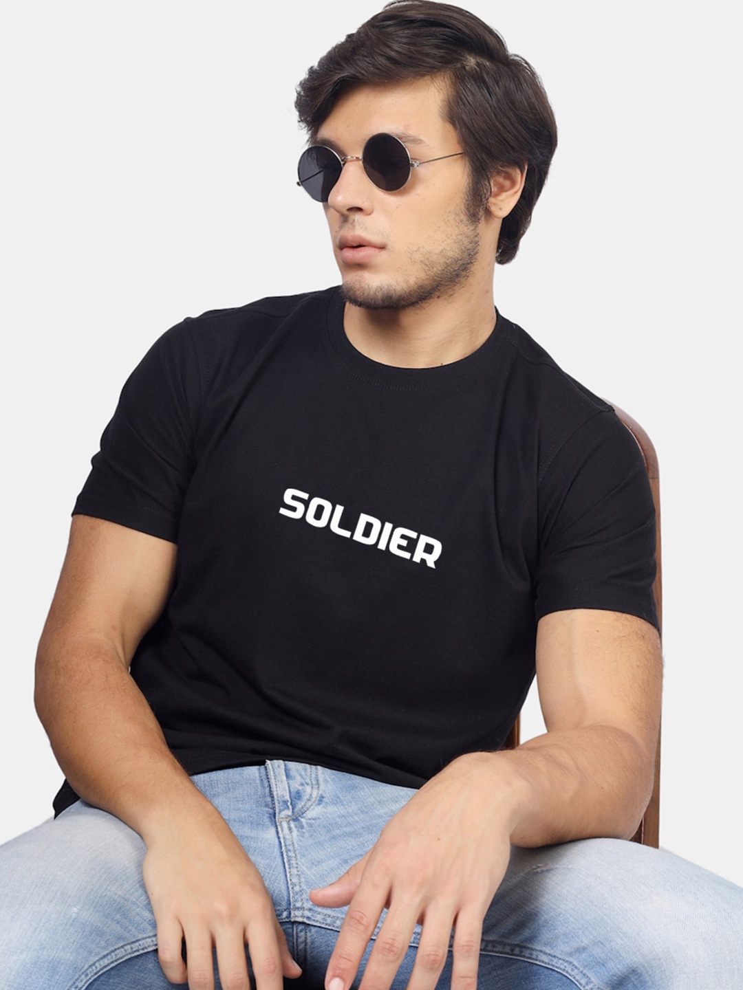 

Greylongg Typography Printed Short Sleeves Round Neck Knitted Cotton T-shirt, Black
