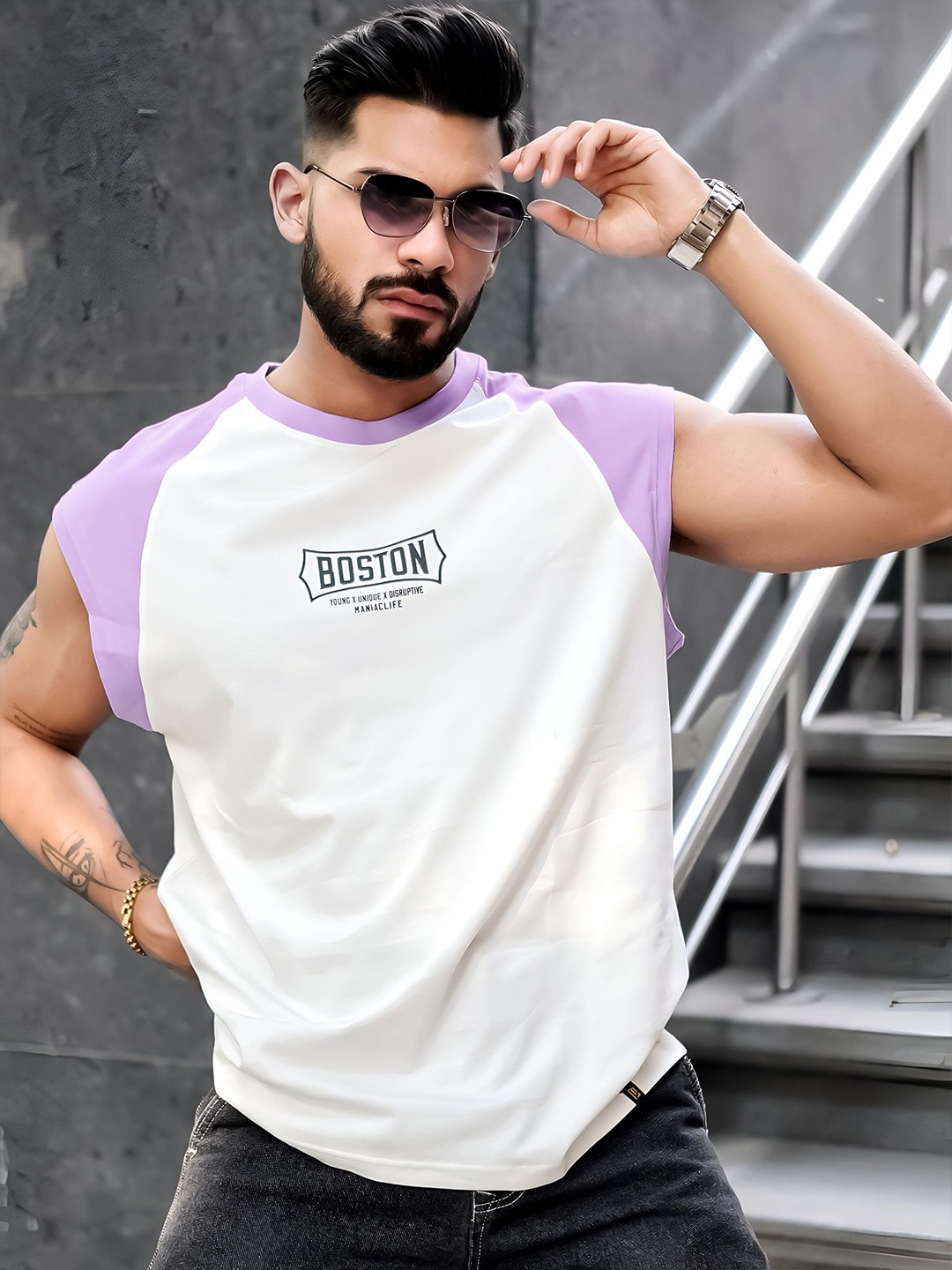 

Maniac Typography Printed Oversized Cotton T-shirt, Lavender