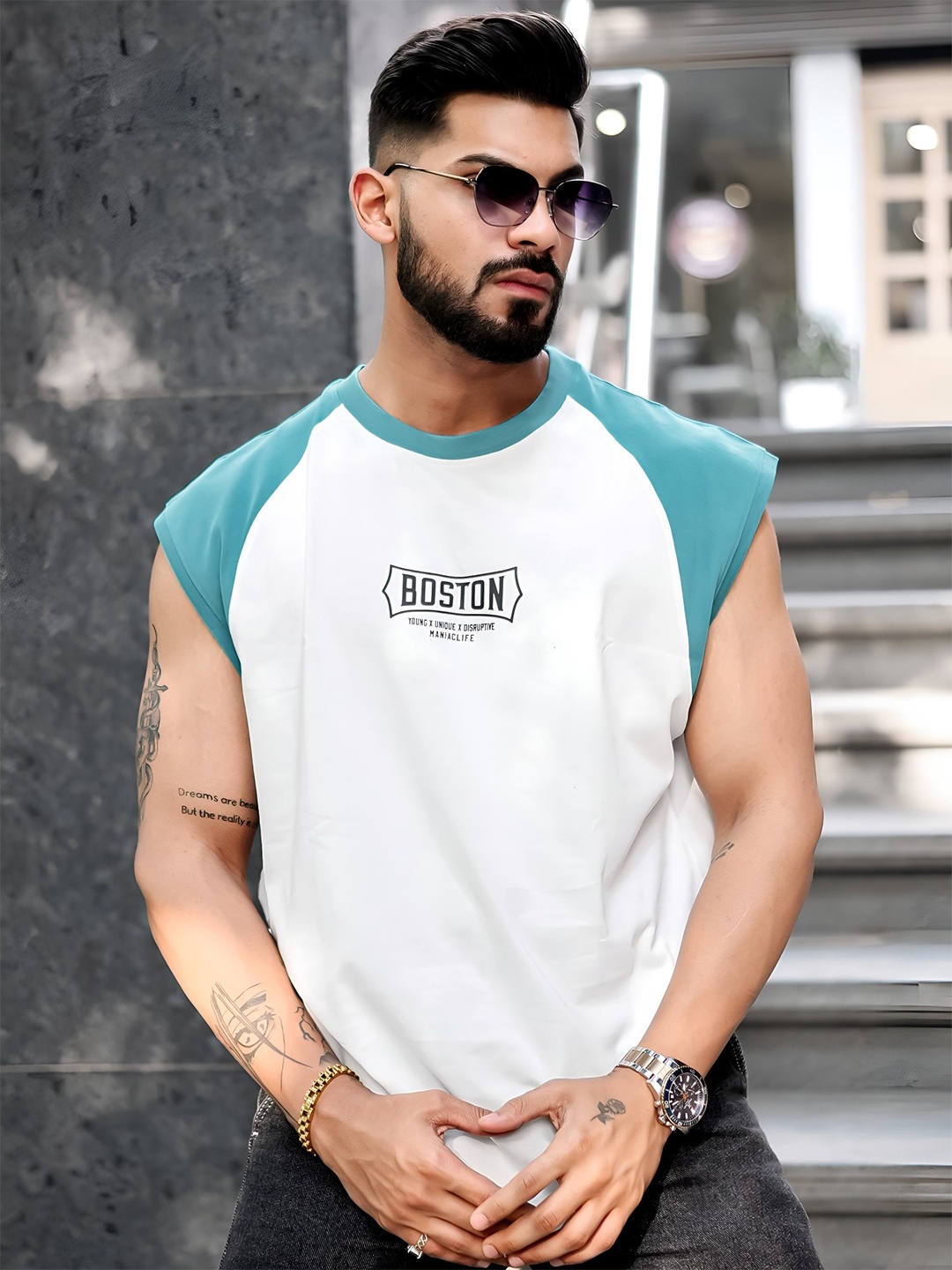 

Maniac Typography Printed Round Neck Raglan Sleeveless Cotton T-Shirt, Blue