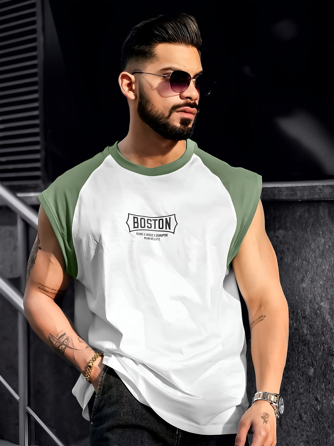 

Maniac Printed Round Neck Raglan Sleeveless Cotton T-Shirt, Green
