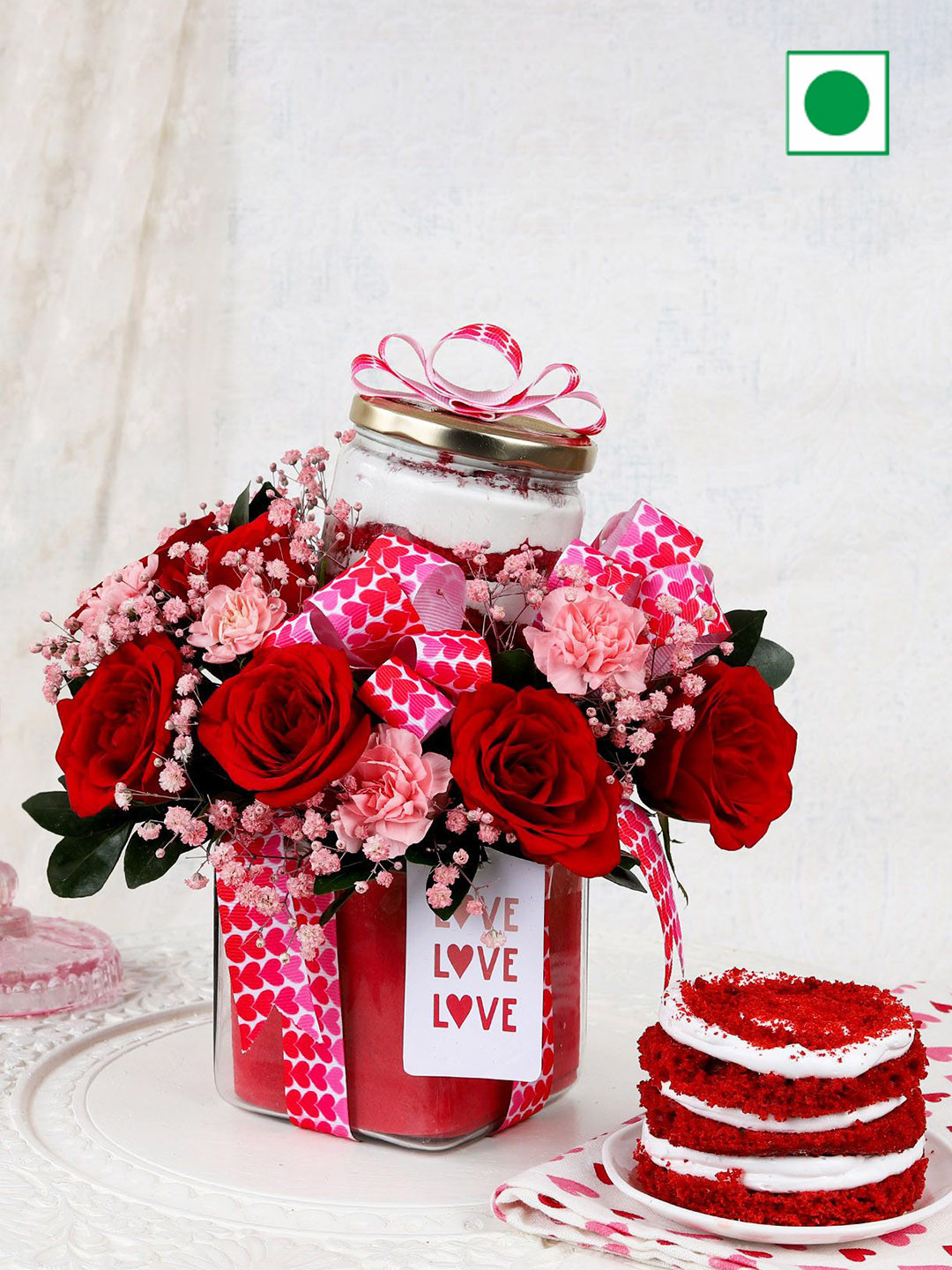 

IGP Bunch Of Roses with Red Velvet Eggless Jar Cake, White
