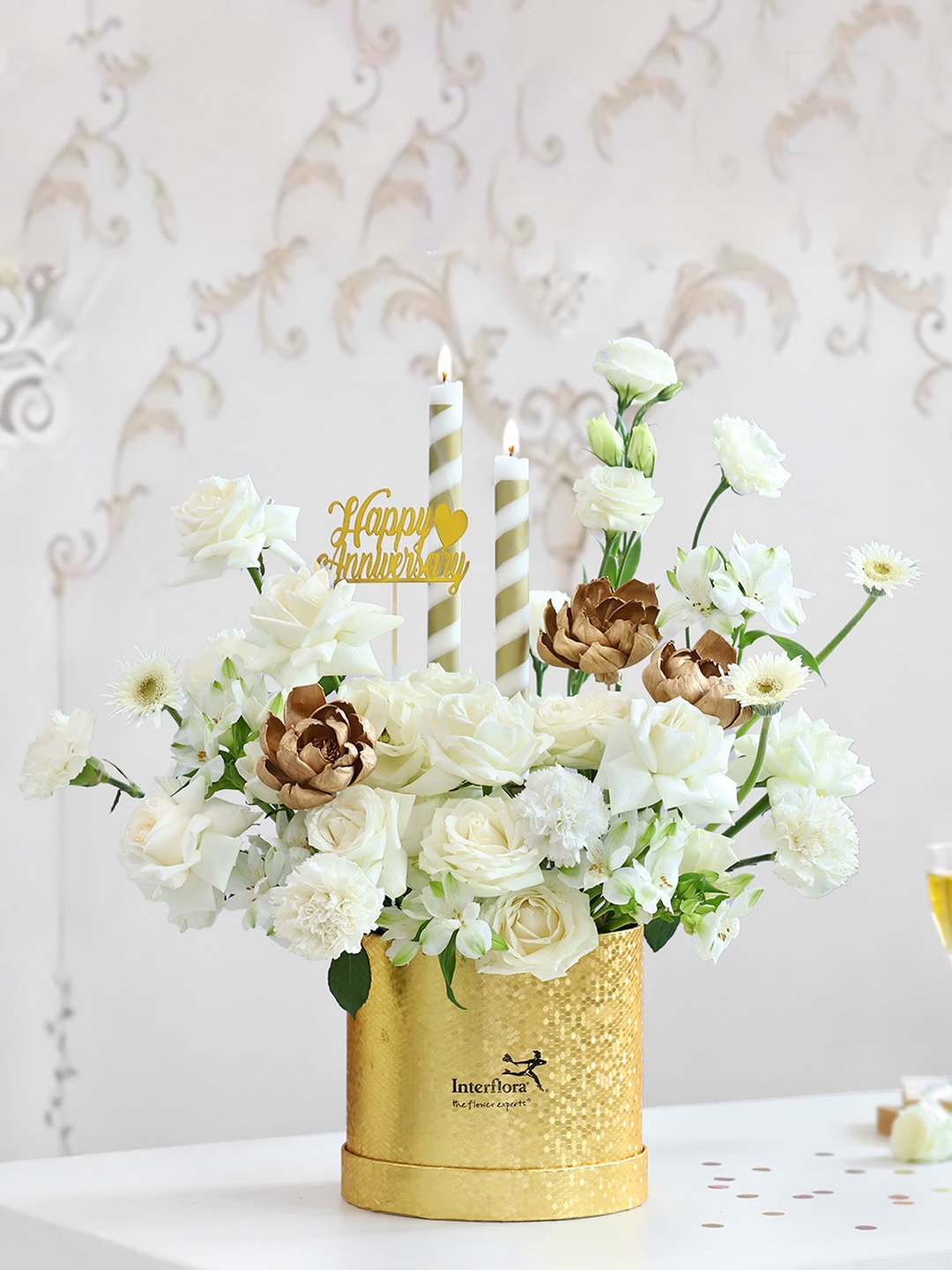 

Interflora White & Green 33 Pieces Flower Bouquet With Candles & Box