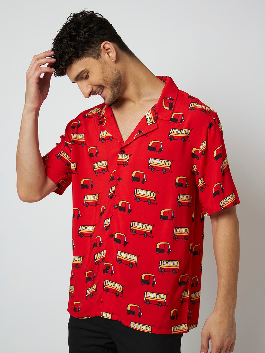 

MyDesignation Cuban Collar Conversational Printed Casual Shirt, Red