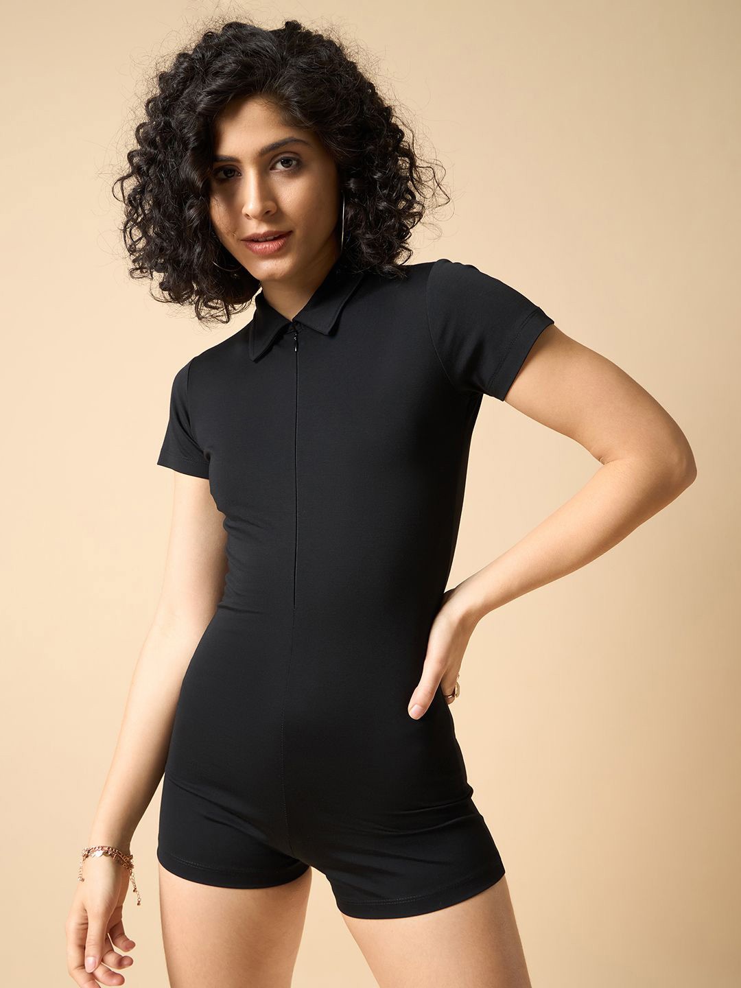 

COLOR CAPITAL Shirt Collar Playsuit, Black