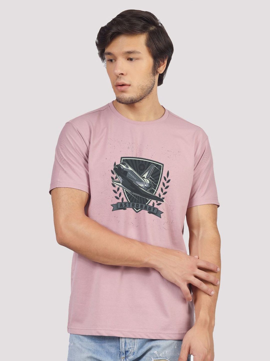 

Greylongg Graphic Printed Short Sleeves Round Neck Knitted Cotton T-shirt, Purple