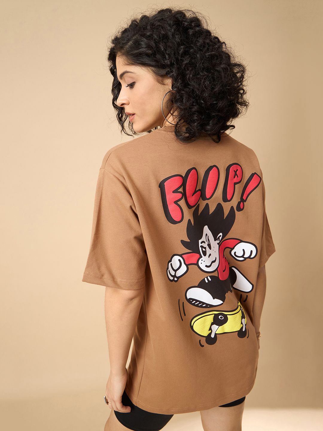 

COLOR CAPITAL Graphic Printed Drop Shoulder Sleeves Cotton Oversized T-shirt, Beige