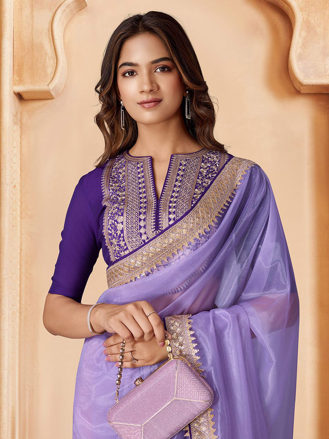 

House of Pataudi Sequins Embroidered Saree, Purple