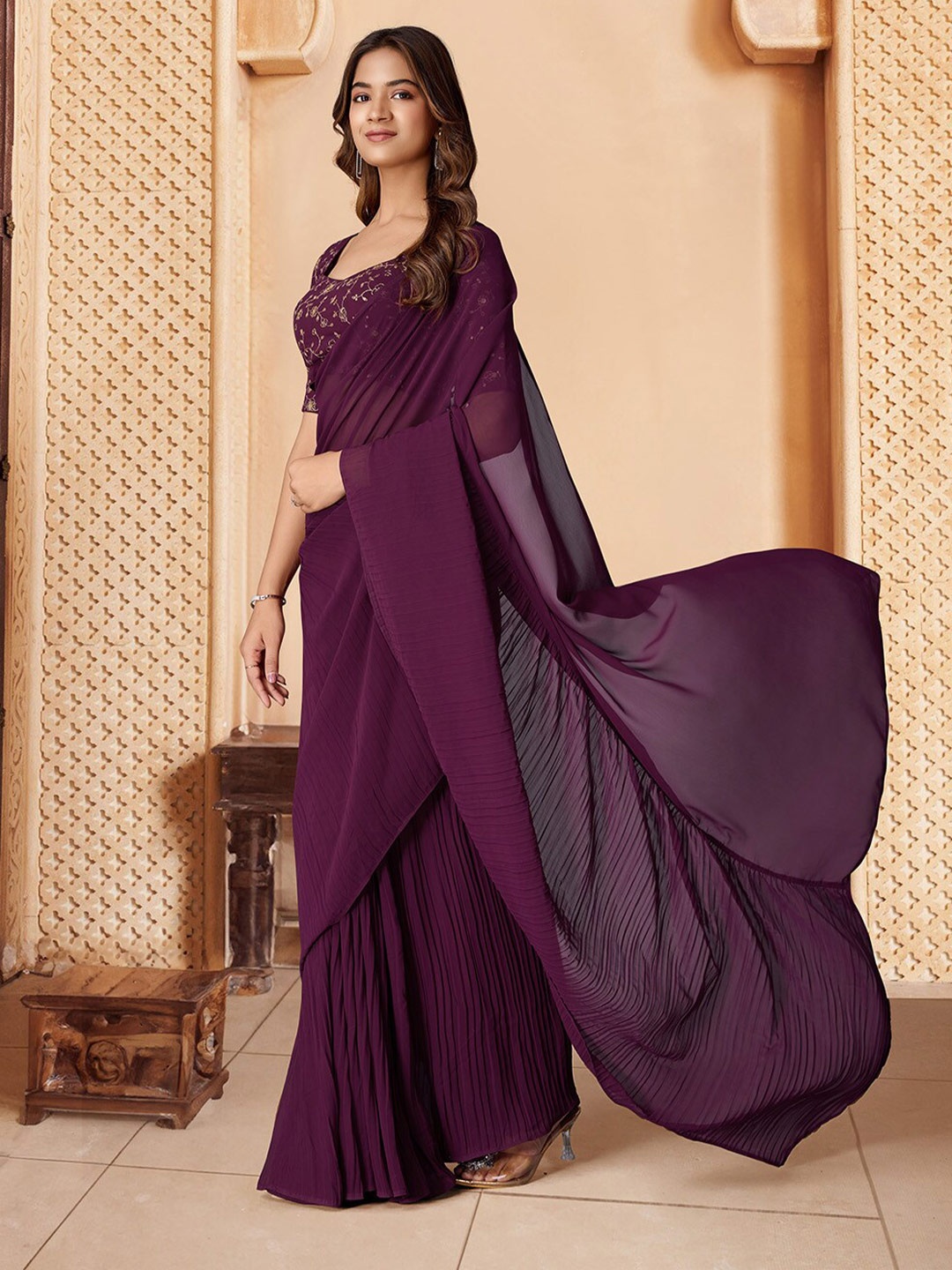 

House of Pataudi Solid Saree With Blouse Piece, Mauve
