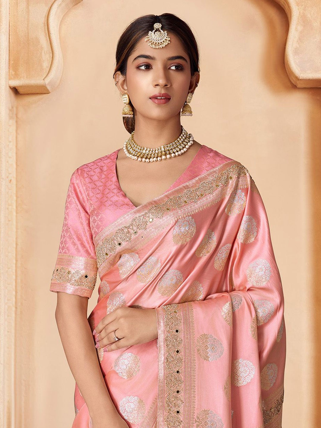 

House of Pataudi Embroidered Woven Design Saree, Pink