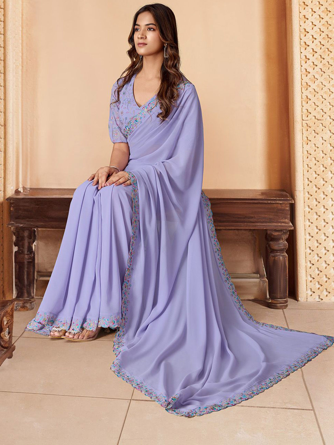 

House of Pataudi Sequins Embroidered Saree, Lavender