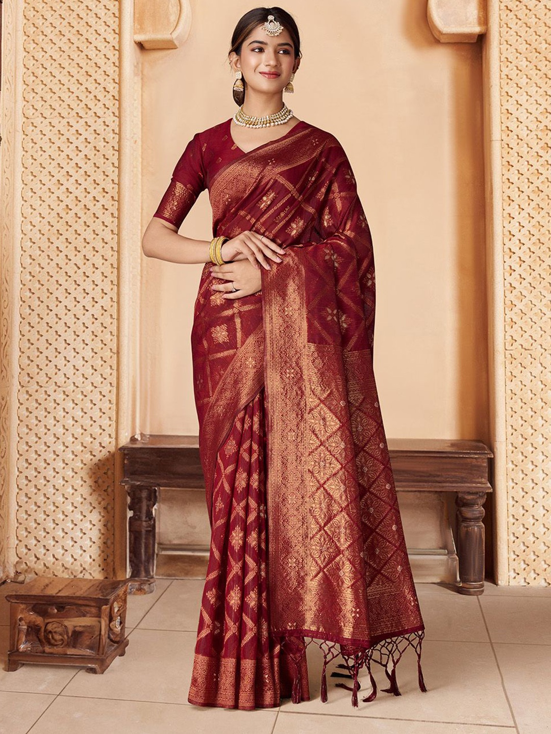 

House of Pataudi Woven Design Zari Saree With Blouse, Maroon
