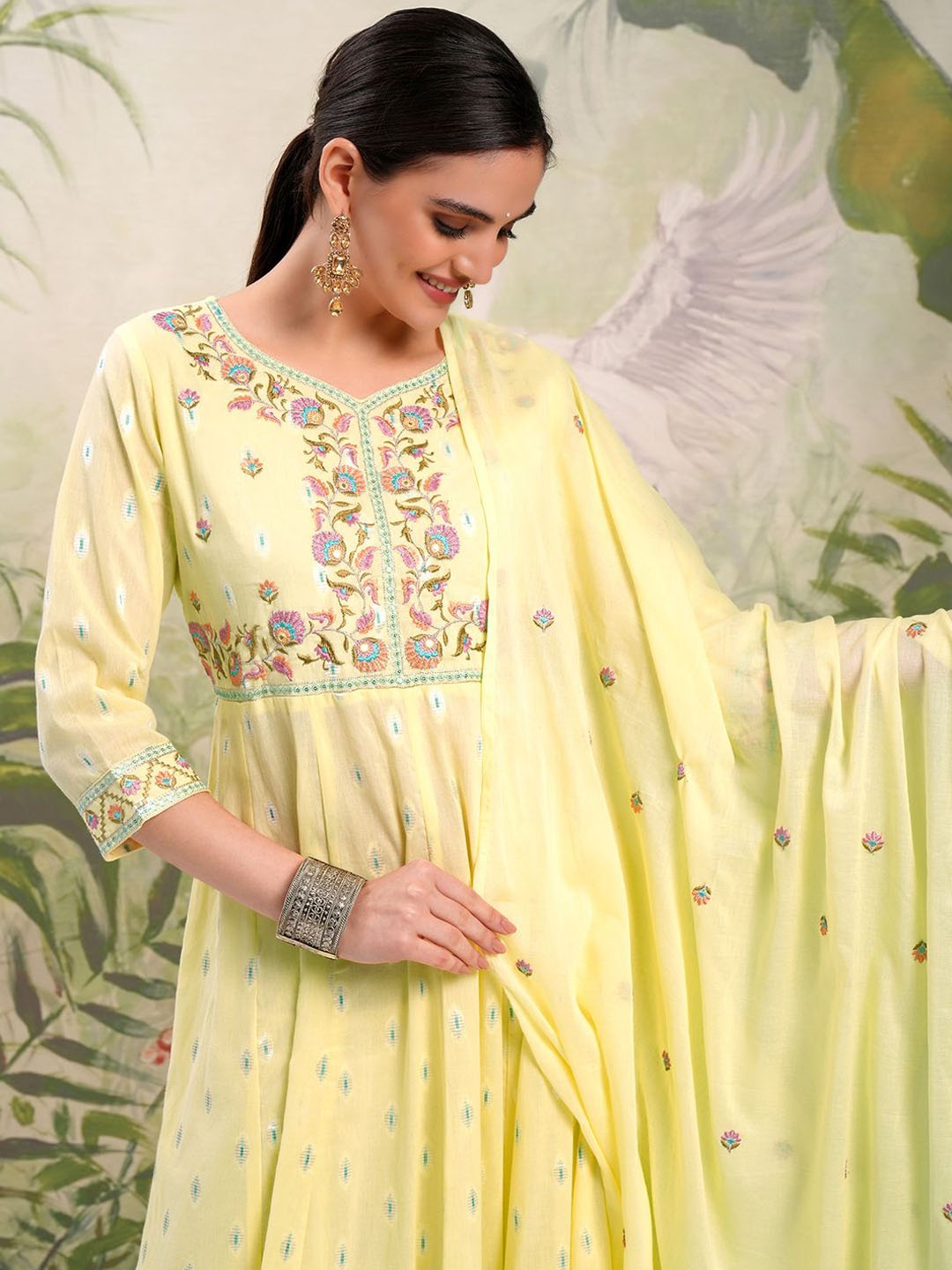 

Vishudh Yellow Embroidered Mirror Work Pure Cotton Anarkali Kurta With Trousers & Dupatta