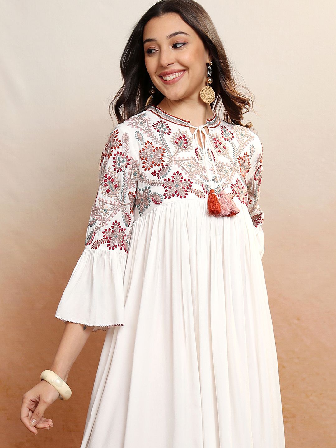 

Vishudh Floral Embroidered A-Line Midi Dress, White