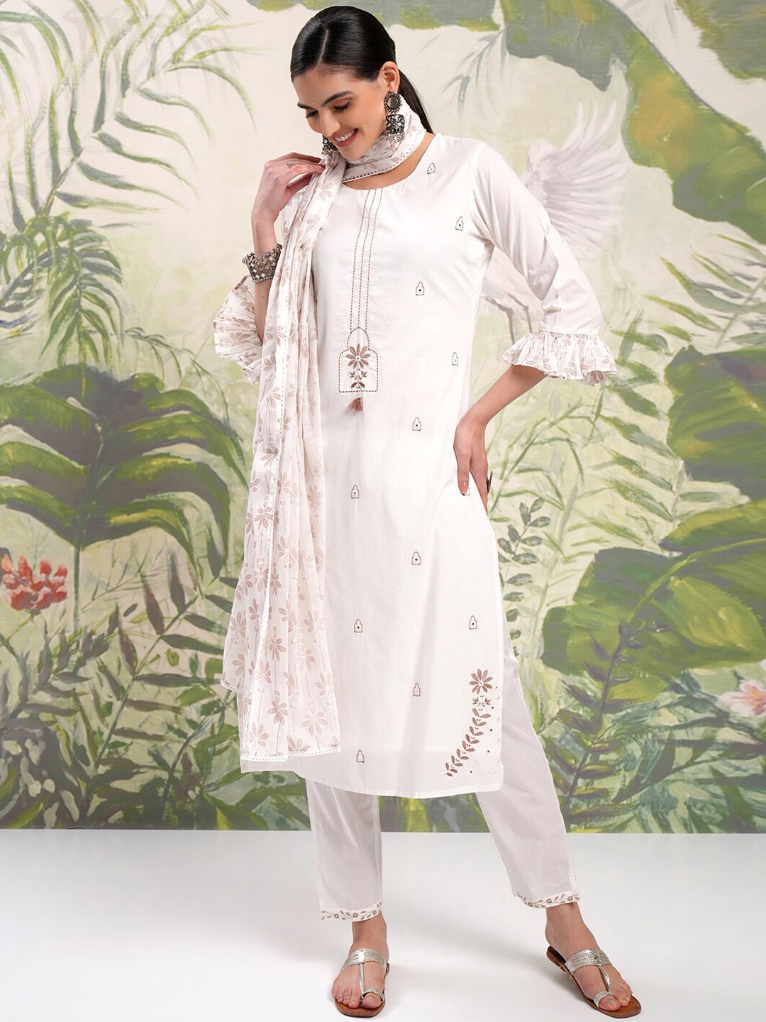 

Vishudh Floral Printed Regular Pure Cotton Kurta with Trouser & Dupatta, White
