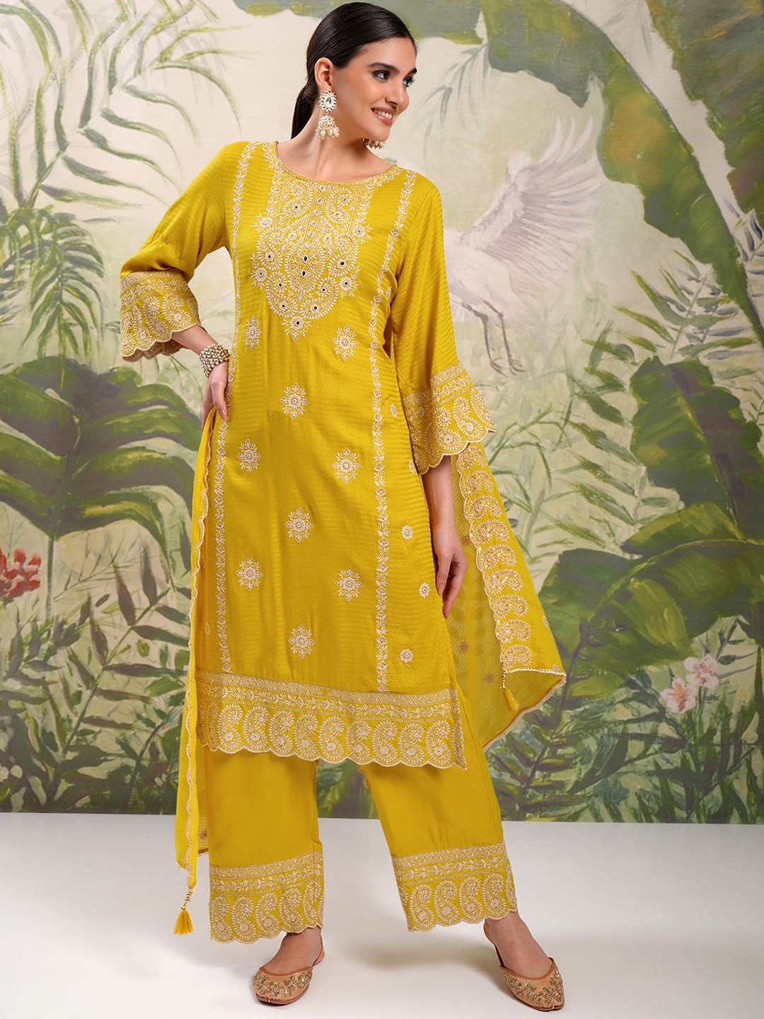 

Vishudh Mustard Yellow Embroidered Mirror Work Straight Kurta With Palazzos & Dupatta