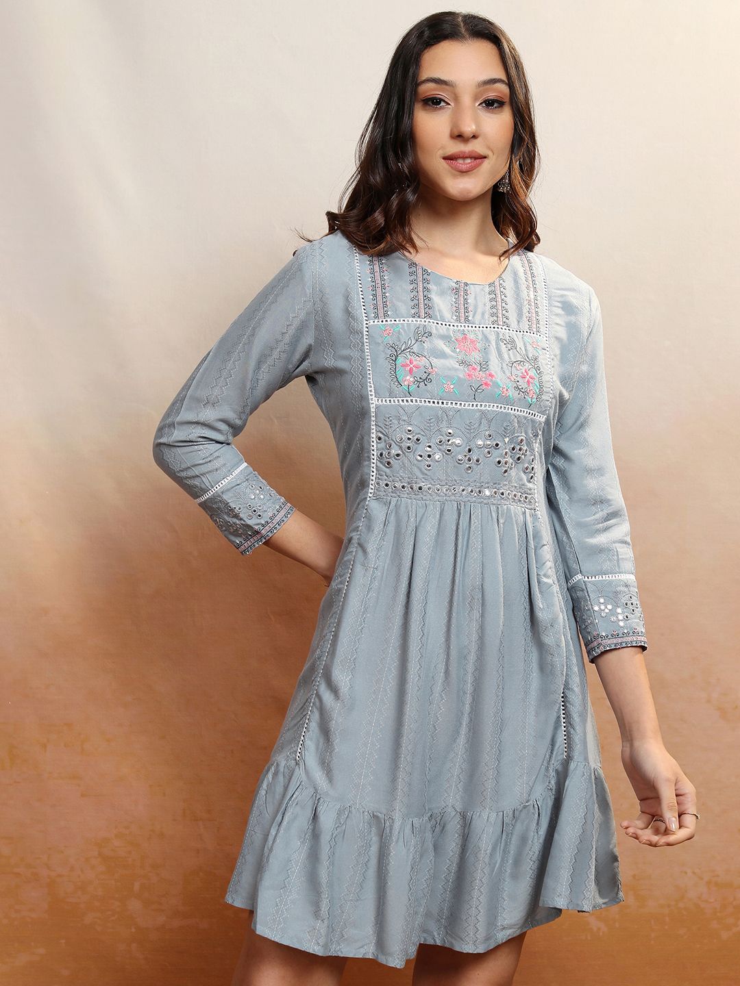 

Vishudh Embroidered Fit & Flare Dress, Grey