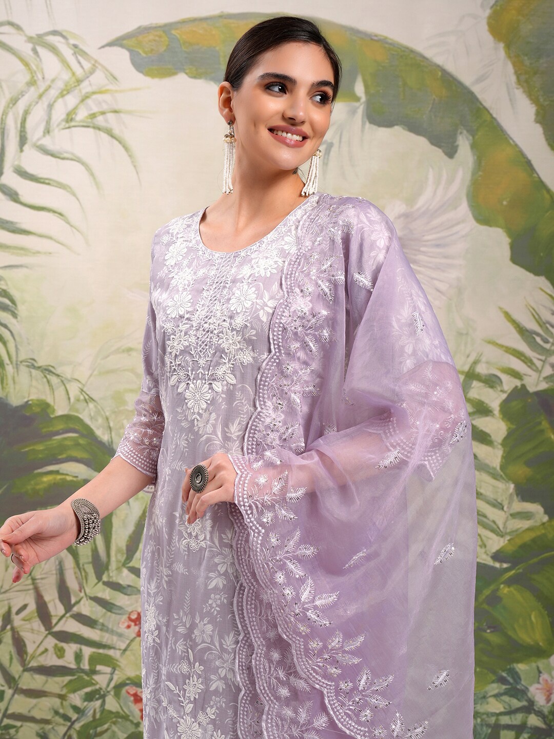 

Vishudh Purple Floral Embroidered Sequined Straight Kurta With Trousers & Dupatta