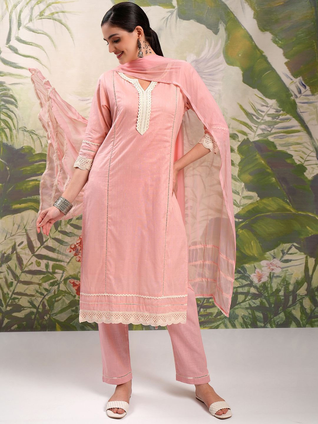 

Vishudh V Neck Pure Cotton Straight Kurta & Trousers With Dupatta, Pink