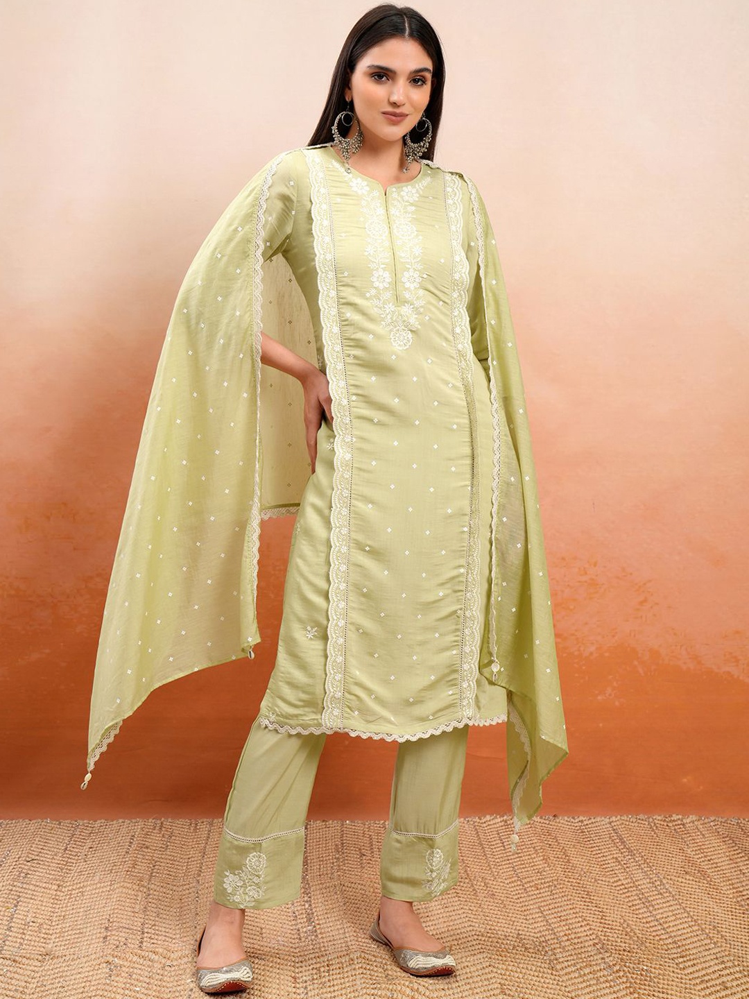 

Vishudh Beige Floral Embroidered Thread Work Straight Kurta With Trousers & Dupatta