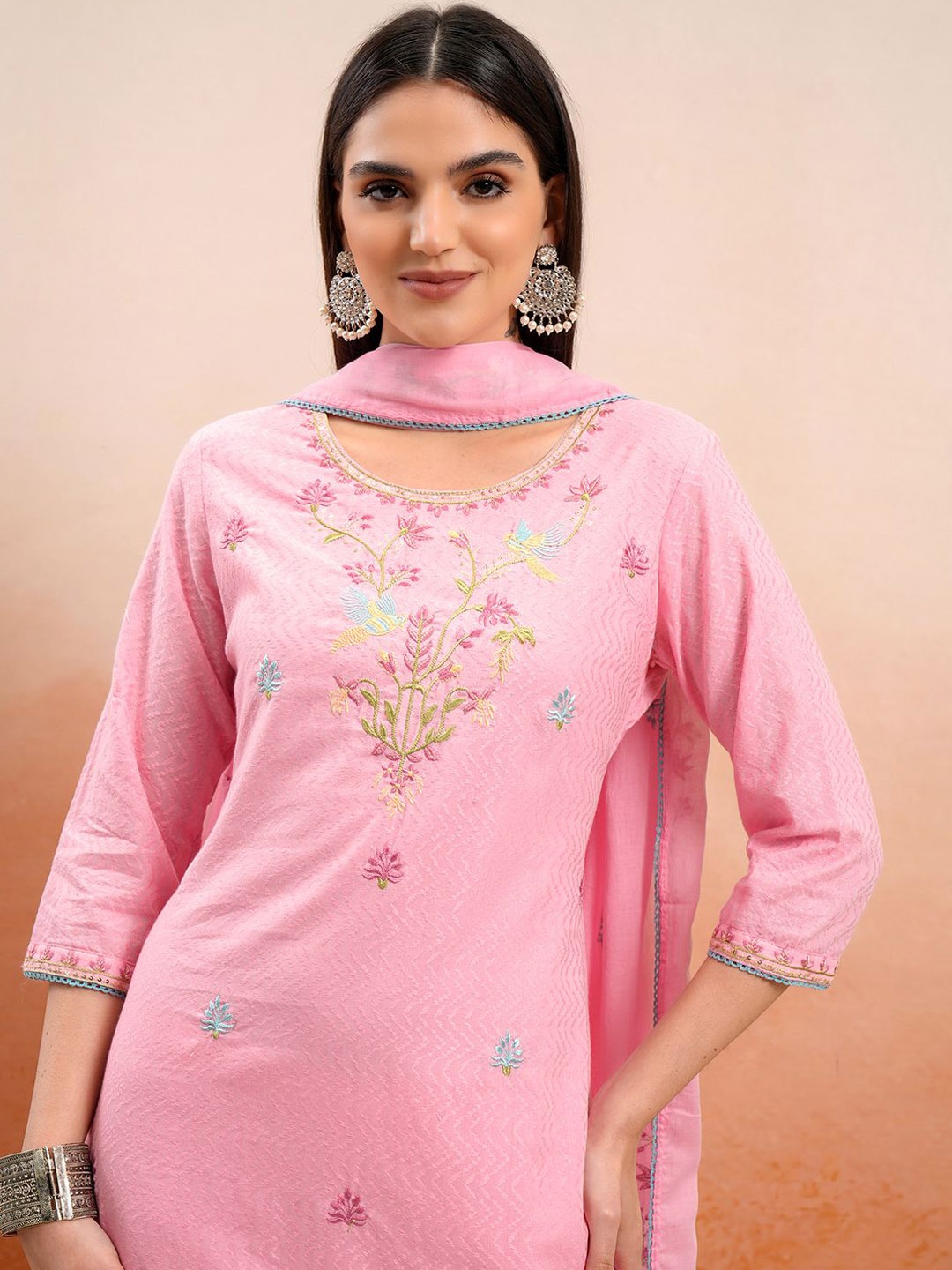 

Vishudh Pink Embroidered Thread Work Pure Cotton Straight Kurta With Trousers & Dupatta