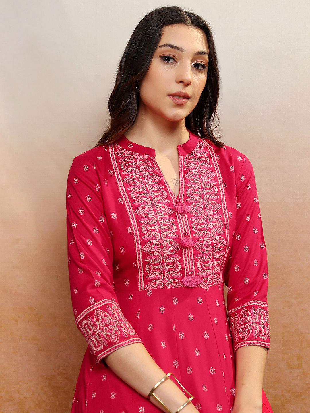 

Vishudh Pink Ethnic Motifs Printed A-Line Midi Dress