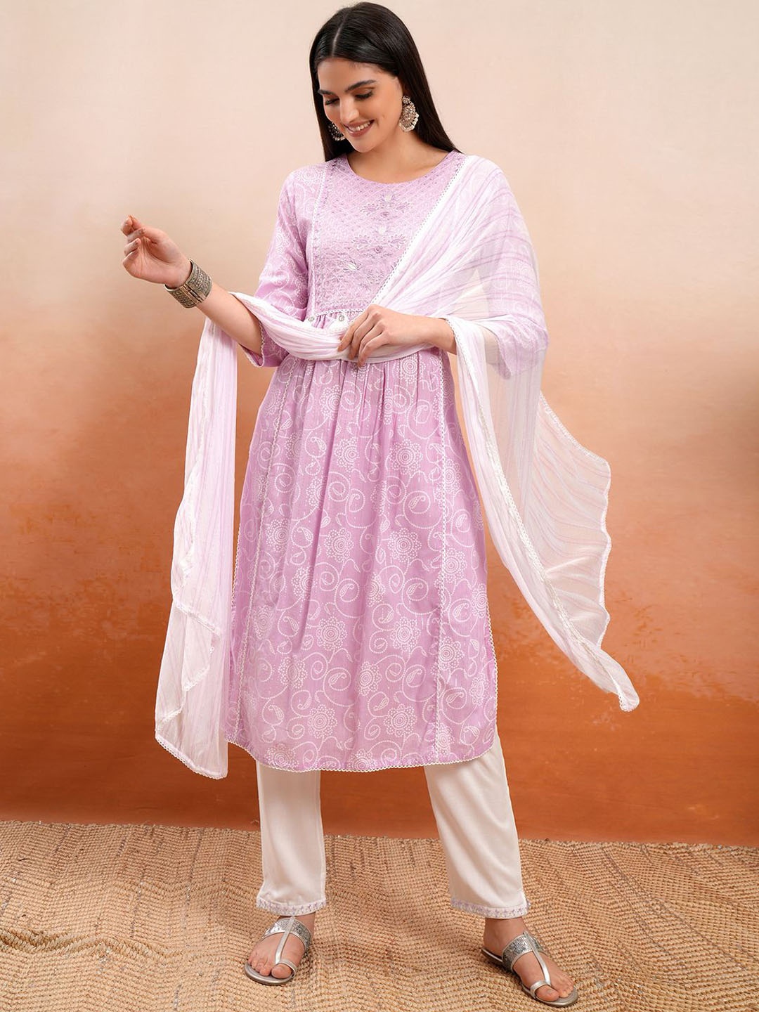 

Vishudh Ethnic Motifs Printed Sequinned Pure Cotton A Line Kurta & Trousers With Dupatta, Pink