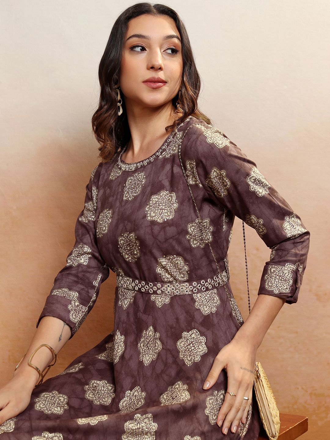 

Vishudh WINE Ethnic Motifs Round Neck Roll-Up Sleeves Fit & Flare Midi Dress With Blet, Maroon