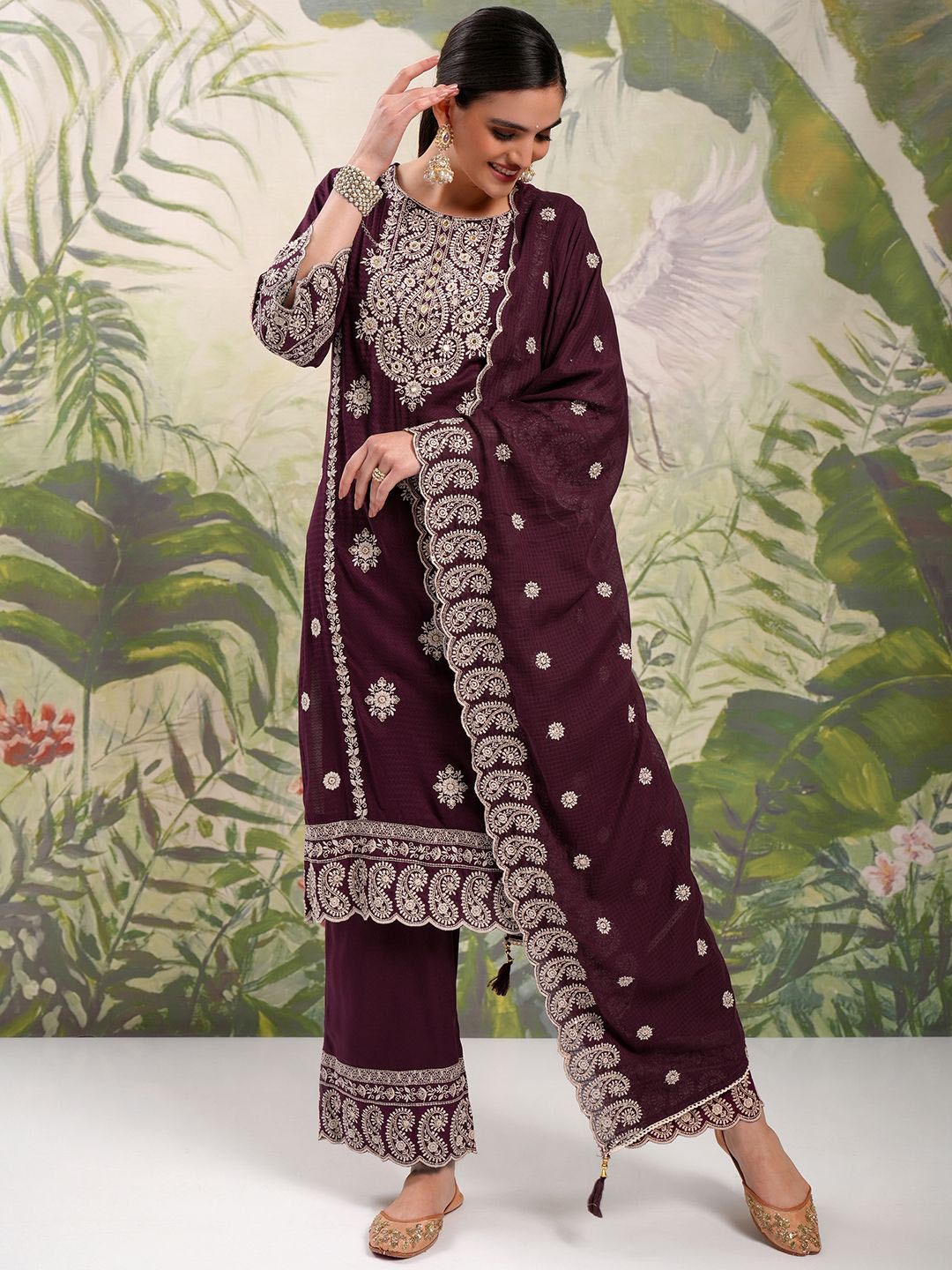 

Vishudh Maroon Embroidered Mirror Work Straight Kurta With Palazzos & Dupatta