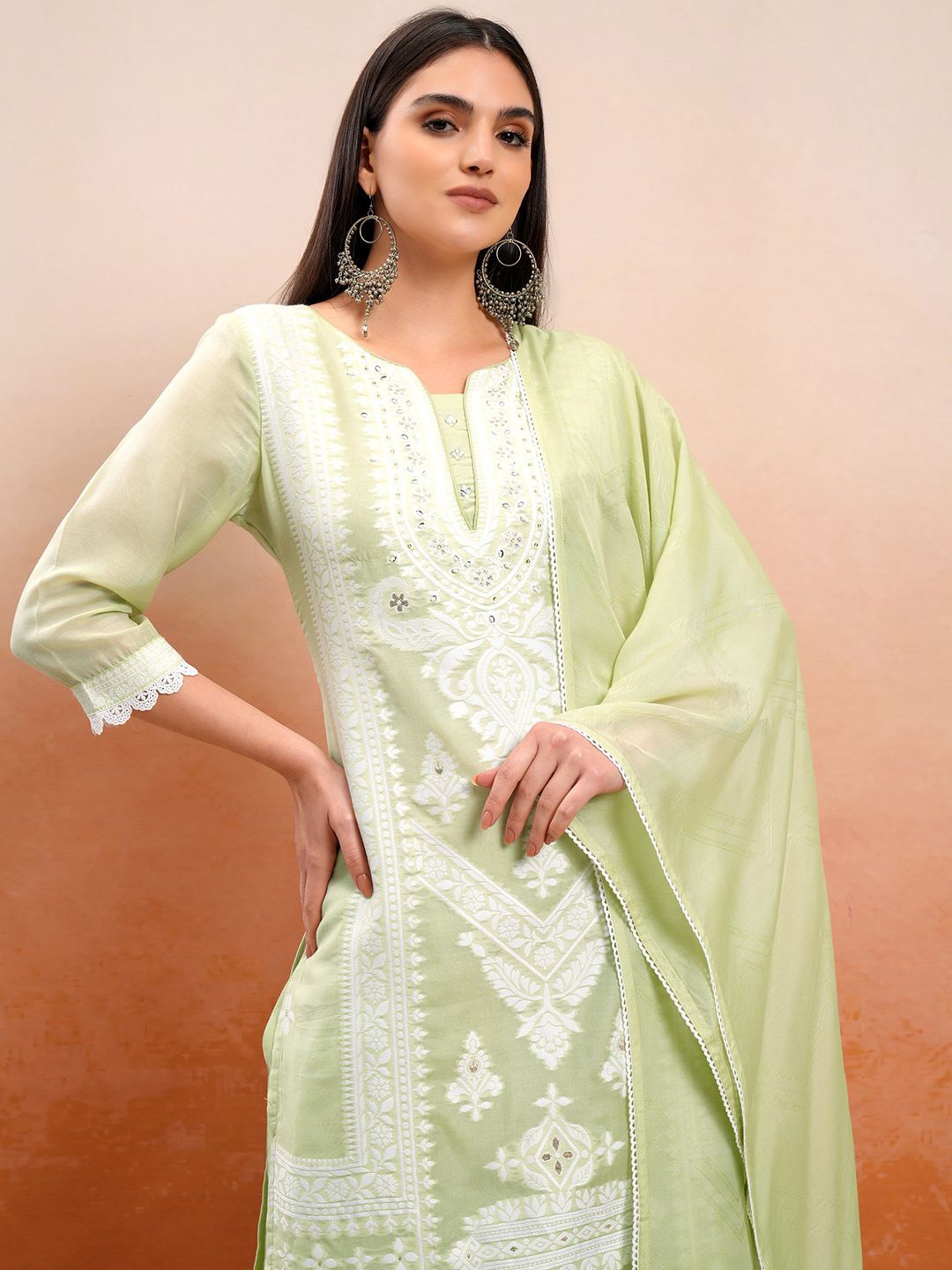 

Vishudh Green Embroidered Mirror Work Straight Kurta With Trousers & Dupatta