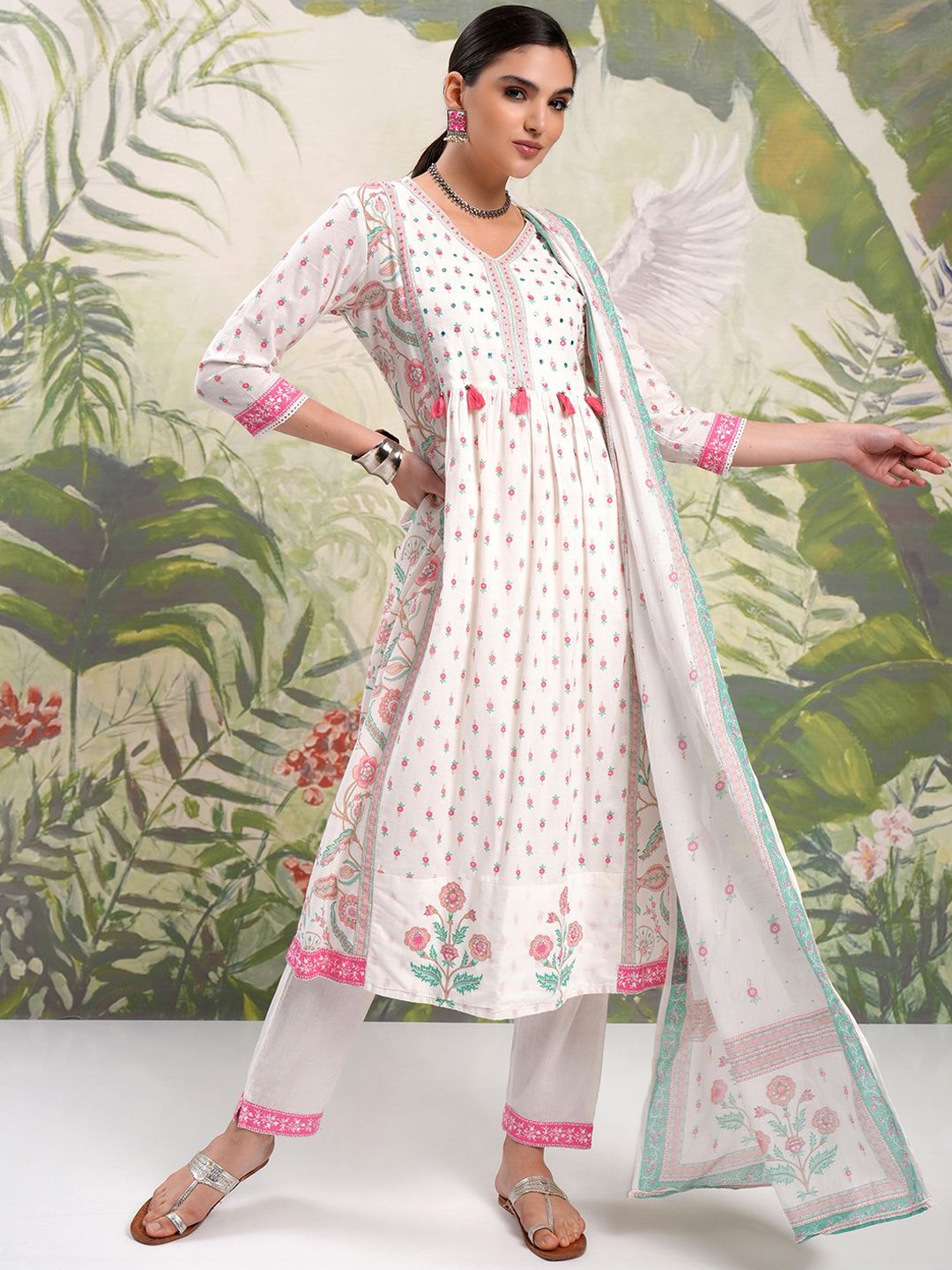 

Vishudh Floral Printed Regular Pure Cotton Kurta with Trouser & Dupatta, Cream