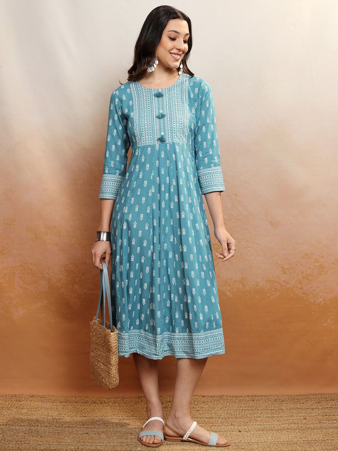 

Vishudh Ethnic Motifs Printed A-Line Midi Dress, Blue
