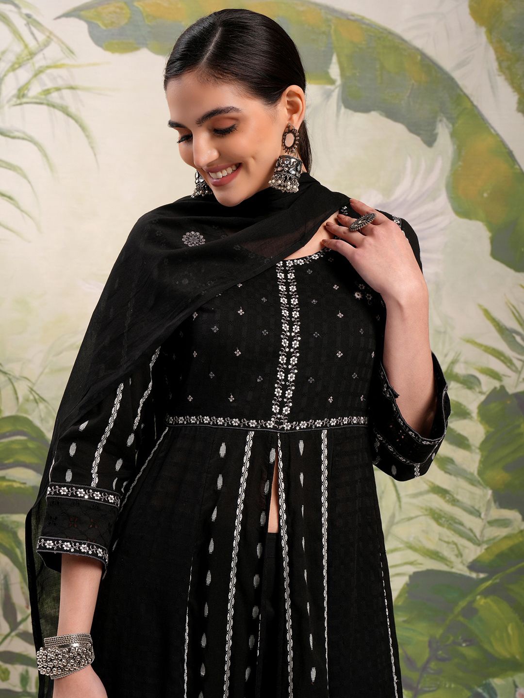 

Vishudh Black Embroidered Sequinned Pure Cotton Anarkali Kurta With Trousers & Dupatta