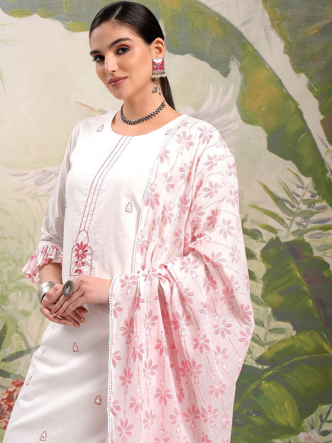 

Vishudh Embroidered Regular Thread Work Pure Cotton Kurta with Trouser & Dupatta, White