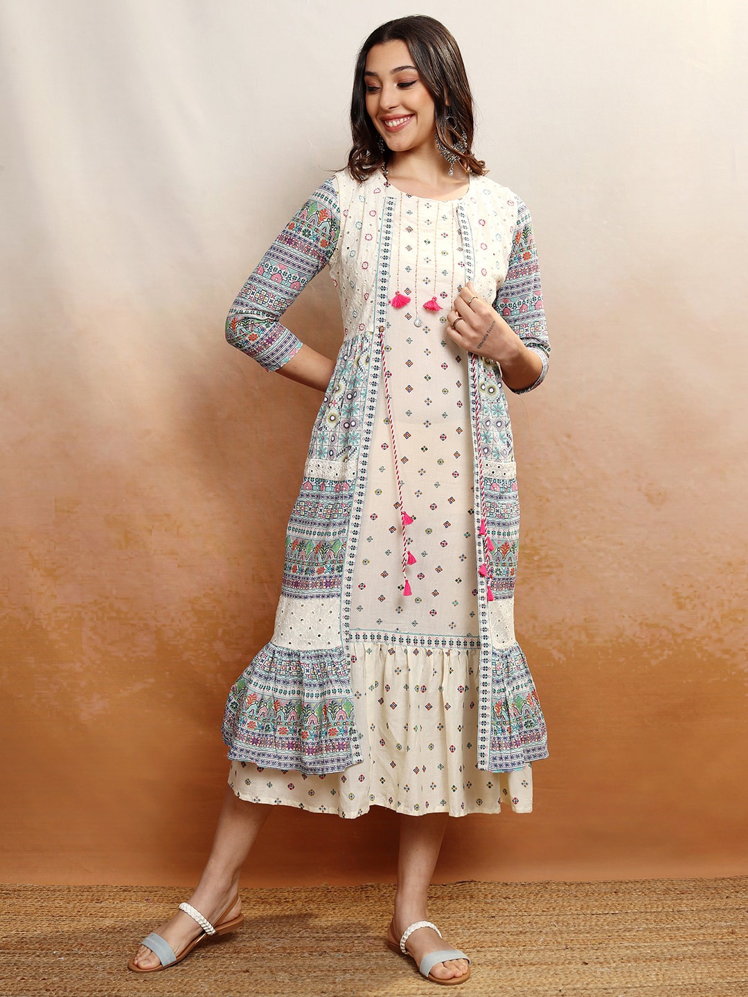 

Vishudh White & Blue Floral Printed A-Line Cotton Midi Dress