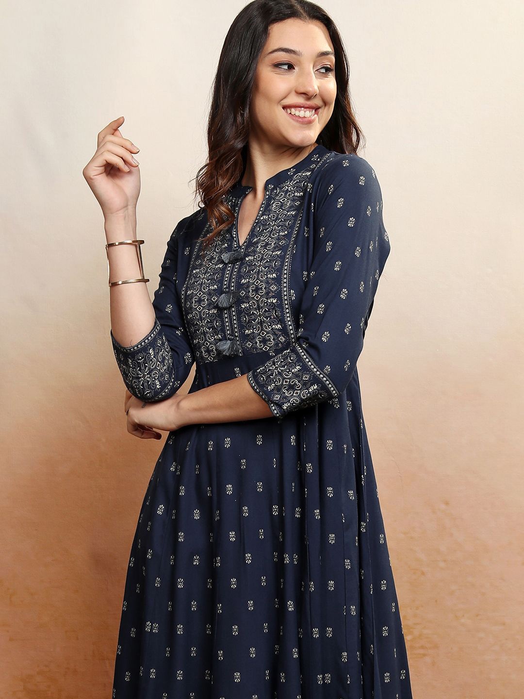 

Vishudh Ethnic Motifs Printed Fit & Flare Midi Dress, Blue