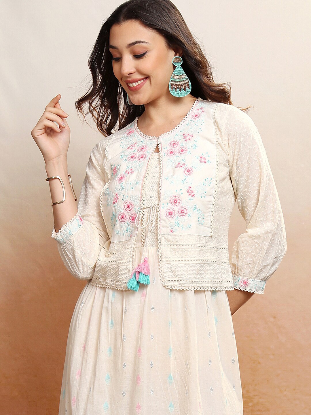 

Vishudh Cream Coloured Floral Printed Fit & Flare Cotton Midi Dress With Jacket