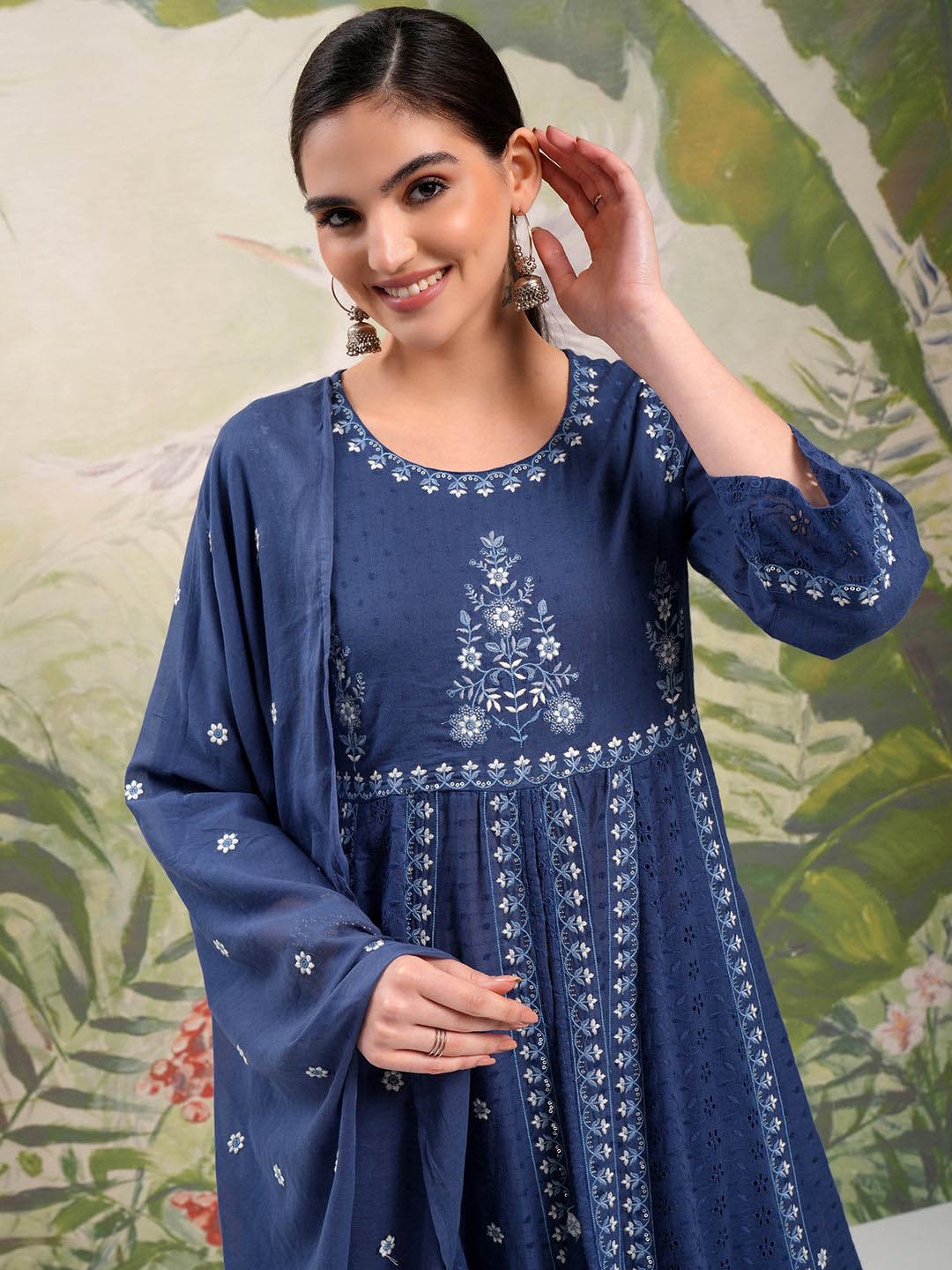 

Vishudh Blue Ethnic Motifs Thread Work Pure Cotton Kurta with Trousers & Dupatta