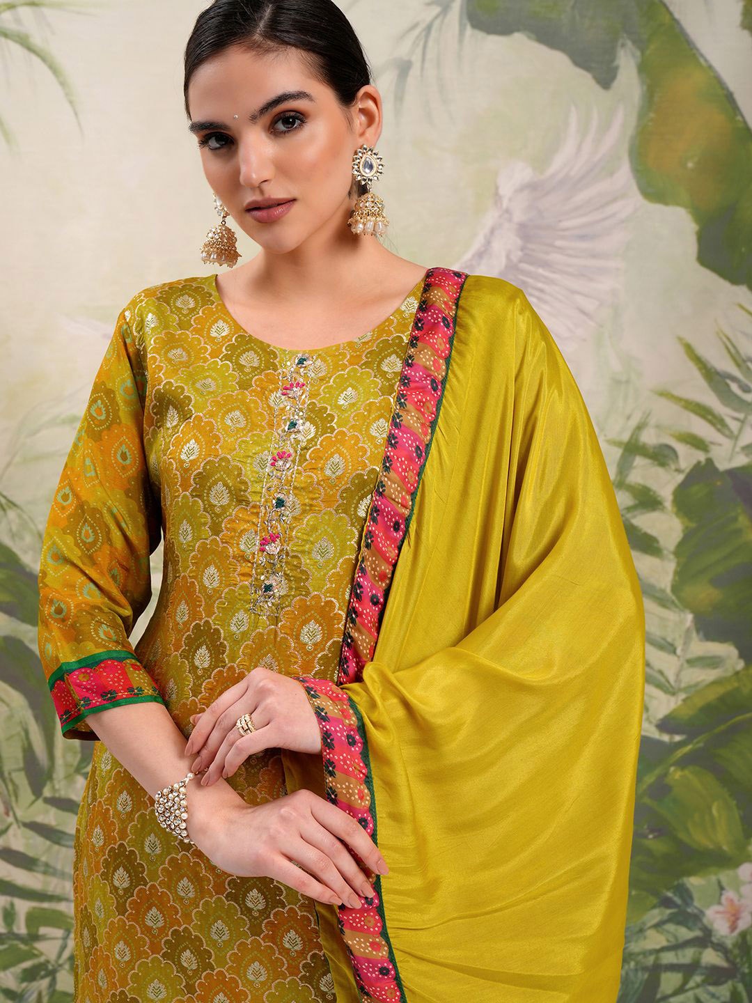 

Vishudh Ethnic Motifs Embroidered Regular Beads and Stones Kurta with Trouser & Dupatta, Mustard