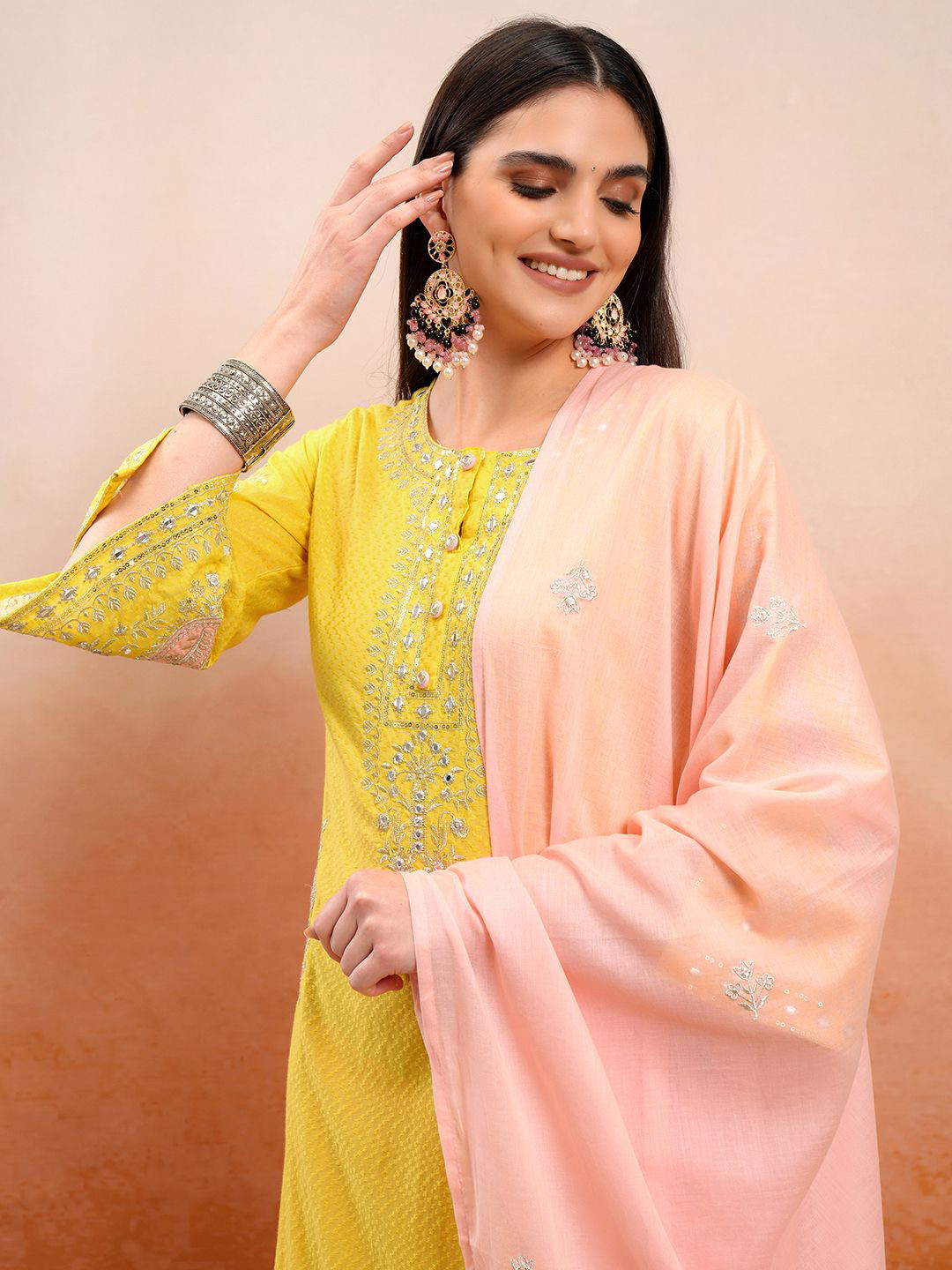 

Vishudh Yellow Embroidered Mirror Work Pure Straight Cotton Kurta With Trousers & Dupatta