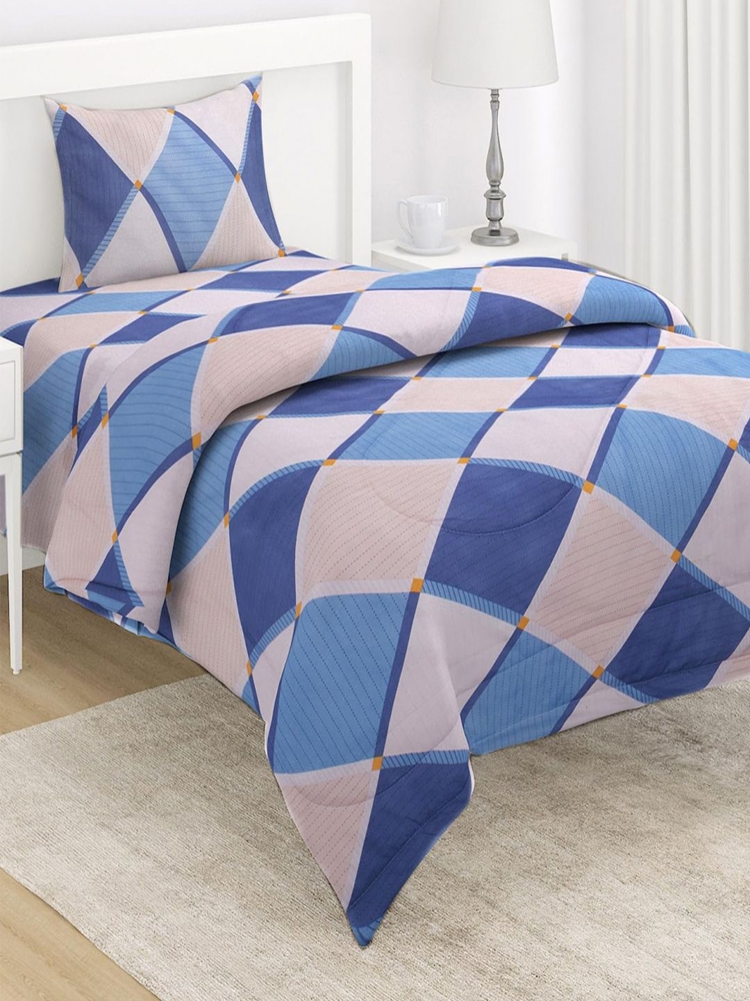 

HOKIPO Blue & Beige Geometric 3 Pieces Single Regular Bedding Set