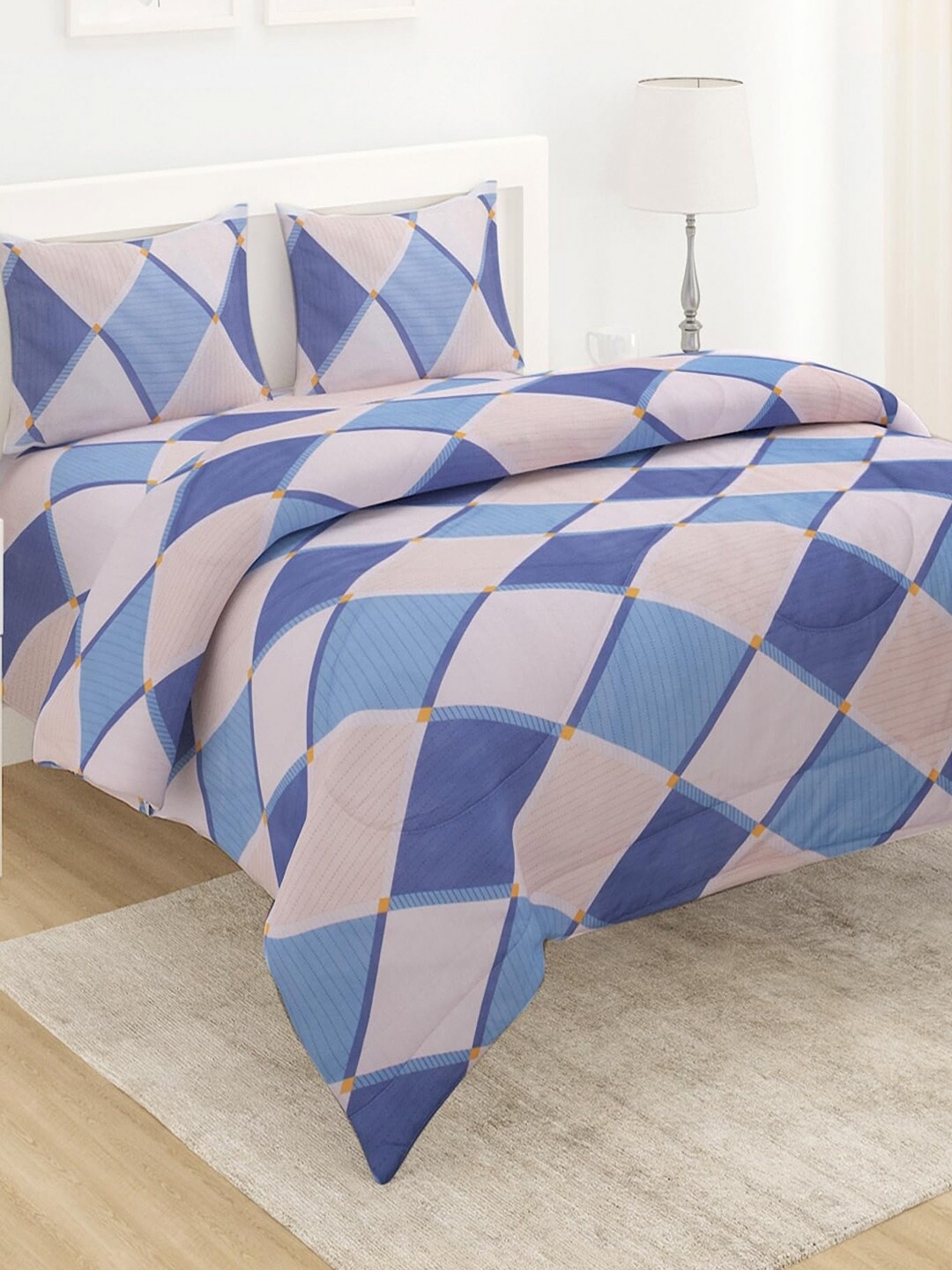 

HOKIPO Blue & Beige 4 Pieces Geometric Double King Bedding Set