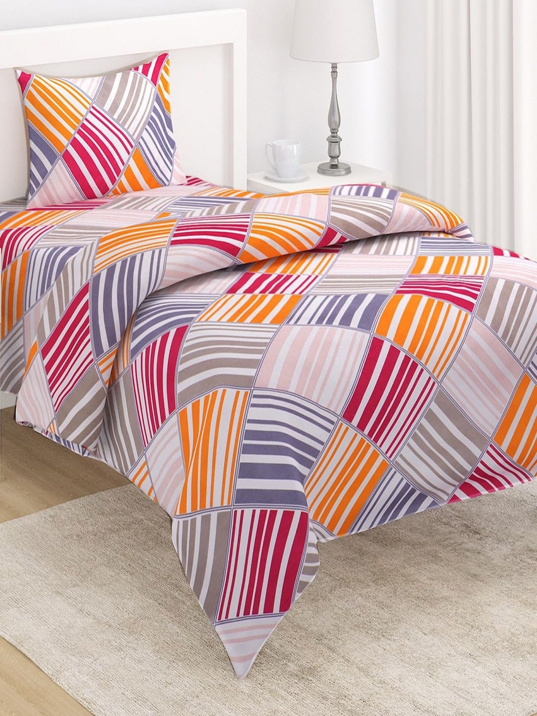 

HOKIPO White & Orange Striped 3 Pieces Single Regular Bedding Set