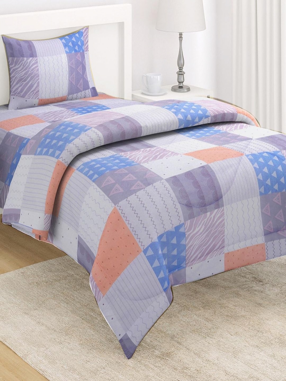 

HOKIPO Grey Checked Microfiber Single Regular Bedsheet With 2 Pillow Cover & Comforter
